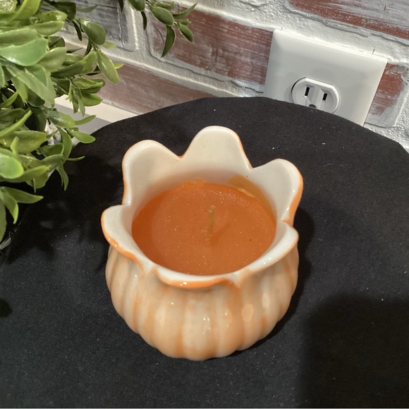 “3/$15” - Ceramic Crafted Candle Holder With Candle - Never Lit - Orange & White - Picture 5 of 8